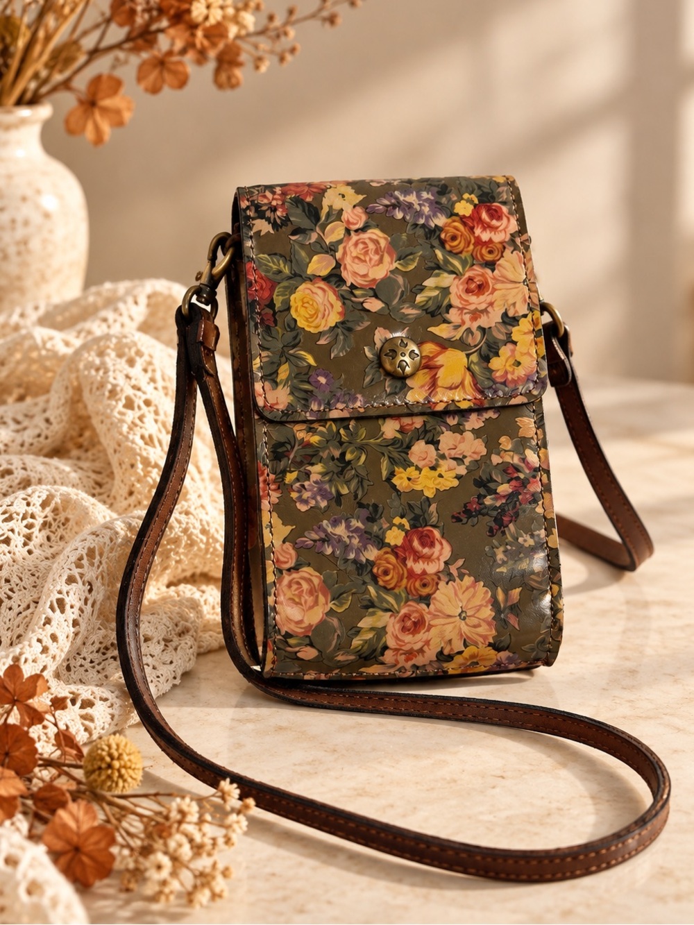 Patricia Nash Mini Leather Chiavella Crossbody Bag With Romantic Floral Print